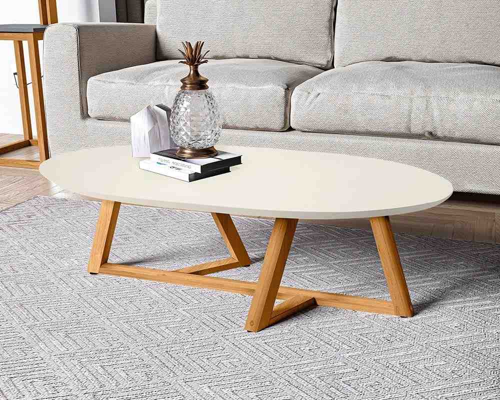 Mesa de Centro Oval Classic com Pés em Madeira Maciça - Design Elegante Off White e Amêndoa