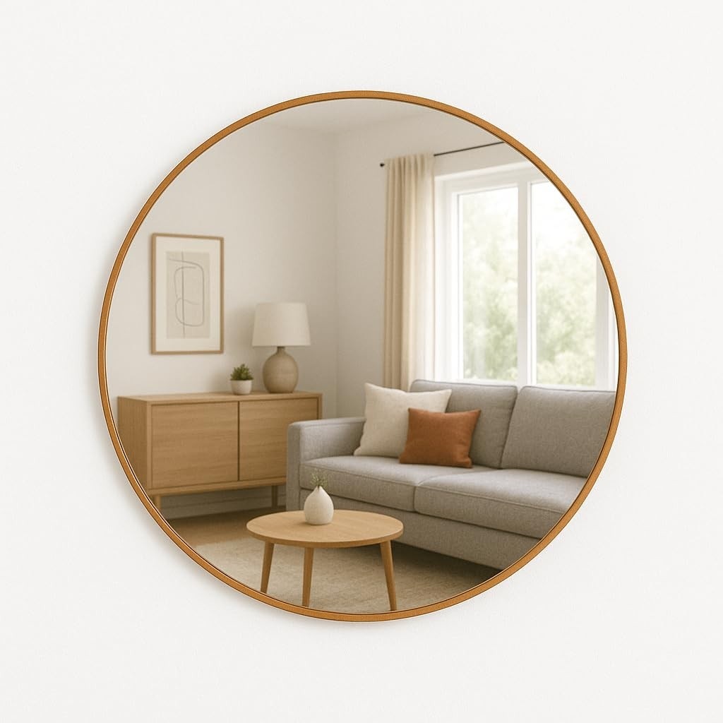 Espelho Redondo com Moldura em Couro Sintético - 50cm | Design Elegante para Sala, Quarto e Escritório