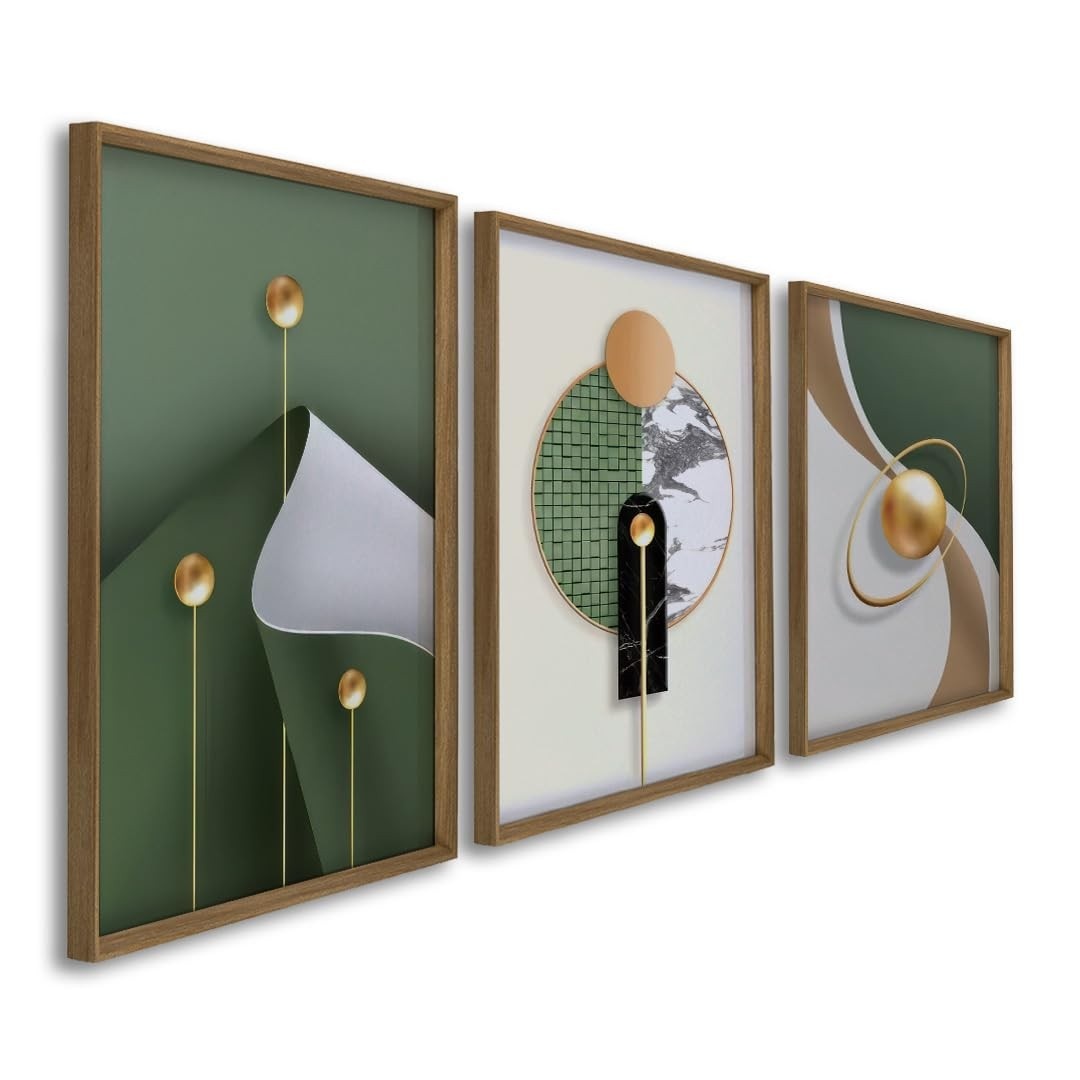 Quadros Decorativos Tríade Elegante - Verde e Nude Abstrato em Madeira 60x90 com Vidro