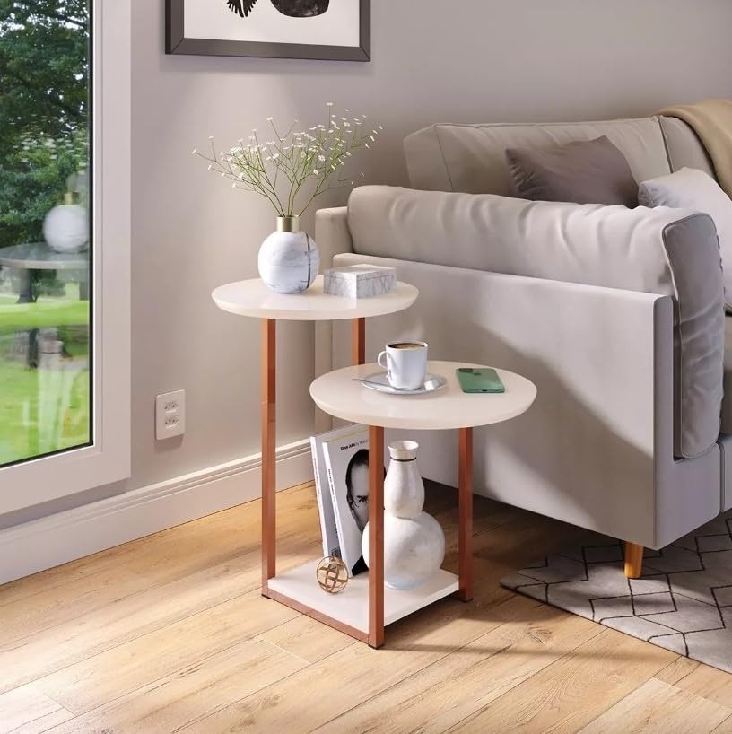 Mesa de Apoio Redonda com Pés de Ferro - Design Elegante Off White e Rosê Gold