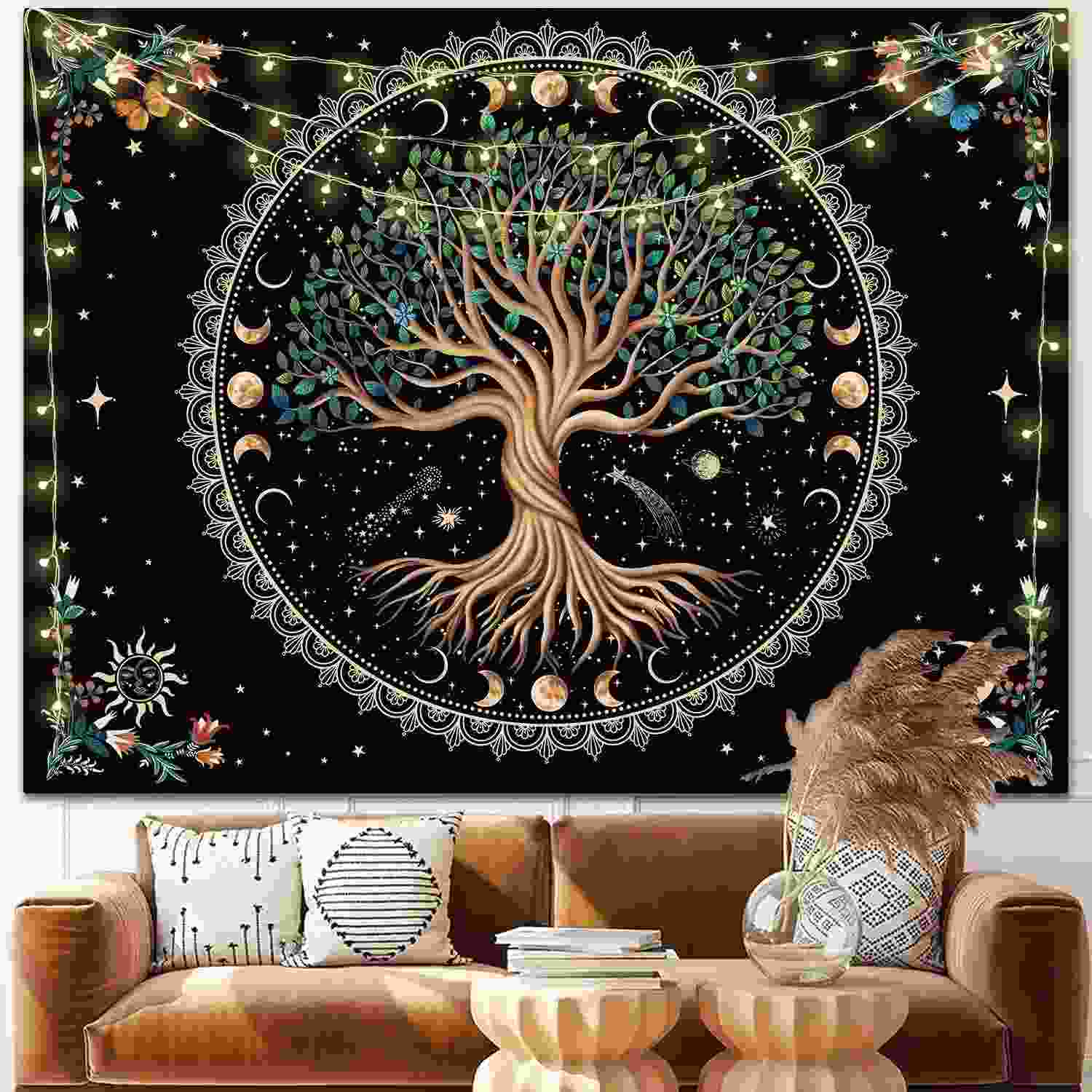 Tapeçaria da Árvore da Vida - Estética Boho com Elementos da Natureza para Decoração de Parede