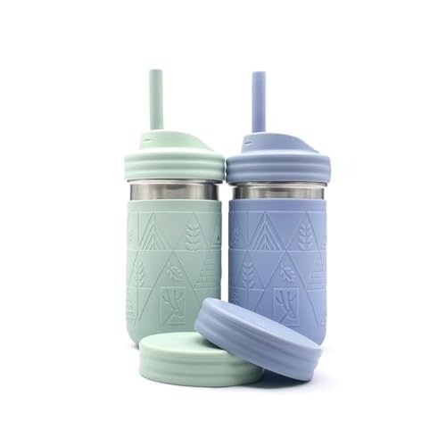 Elk and Friends Copos de aço inoxidável de 400 ml | Copos para crianças e crianças com canudos de silicone com rolha | Copos à prova de derramamento para crianças | Copos de smoothie | Podem ser