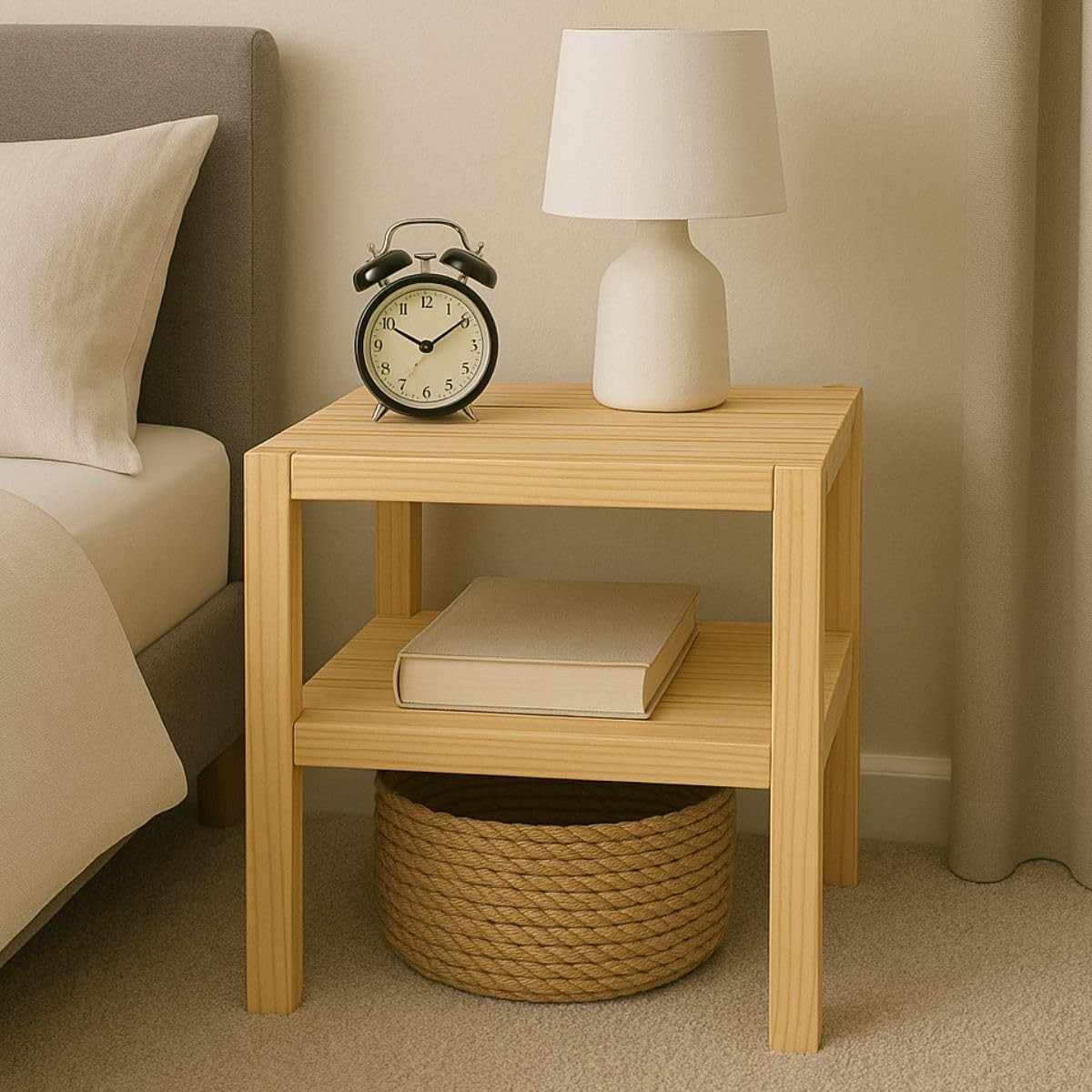 Mesinha de Cabeceira em Madeira de Pinus com 2 Prateleiras – Design Natural e Versátil