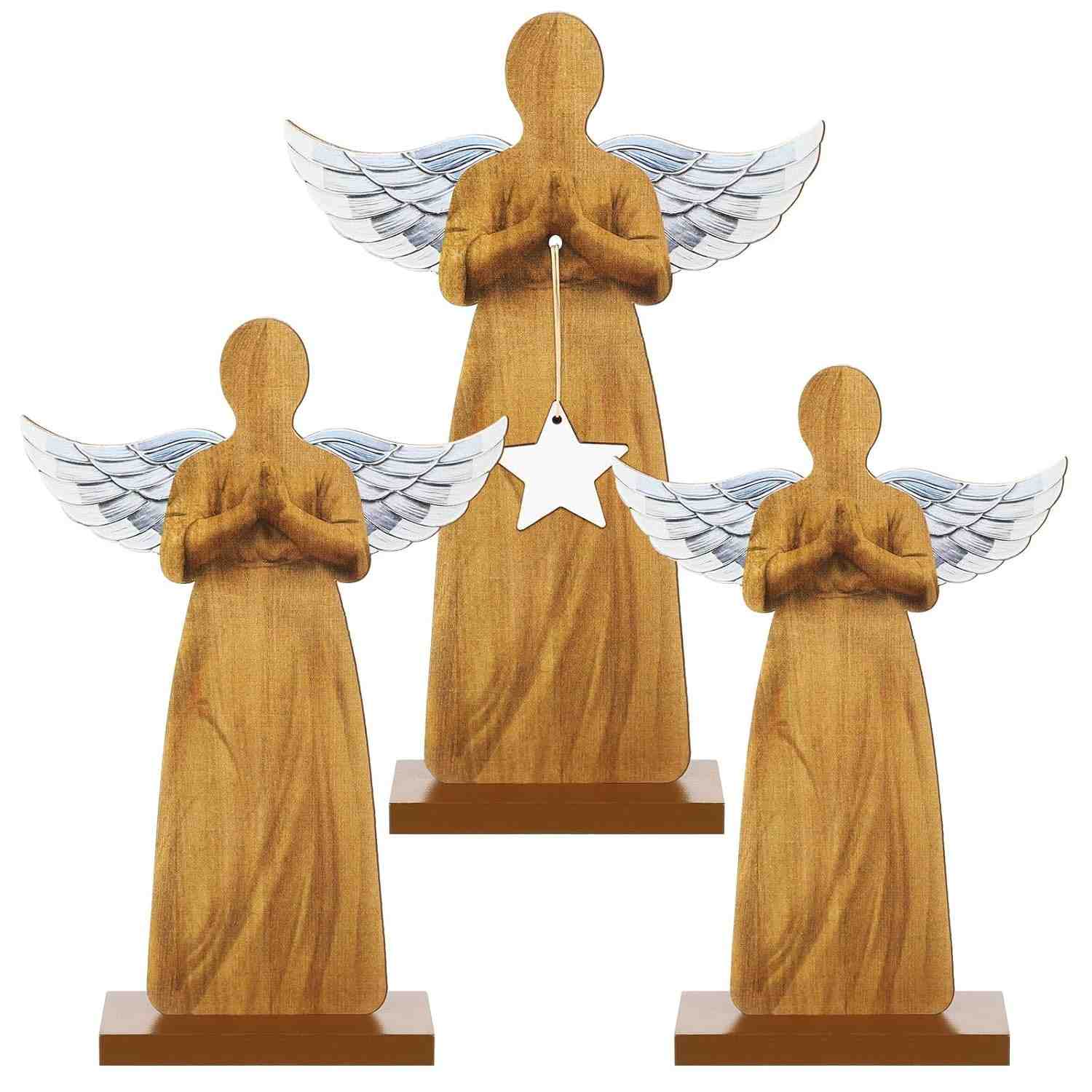 Suzile Estátuas de Anjo em Madeira - 3 Peças Decorativas para Natal e Ambientes Espirituais