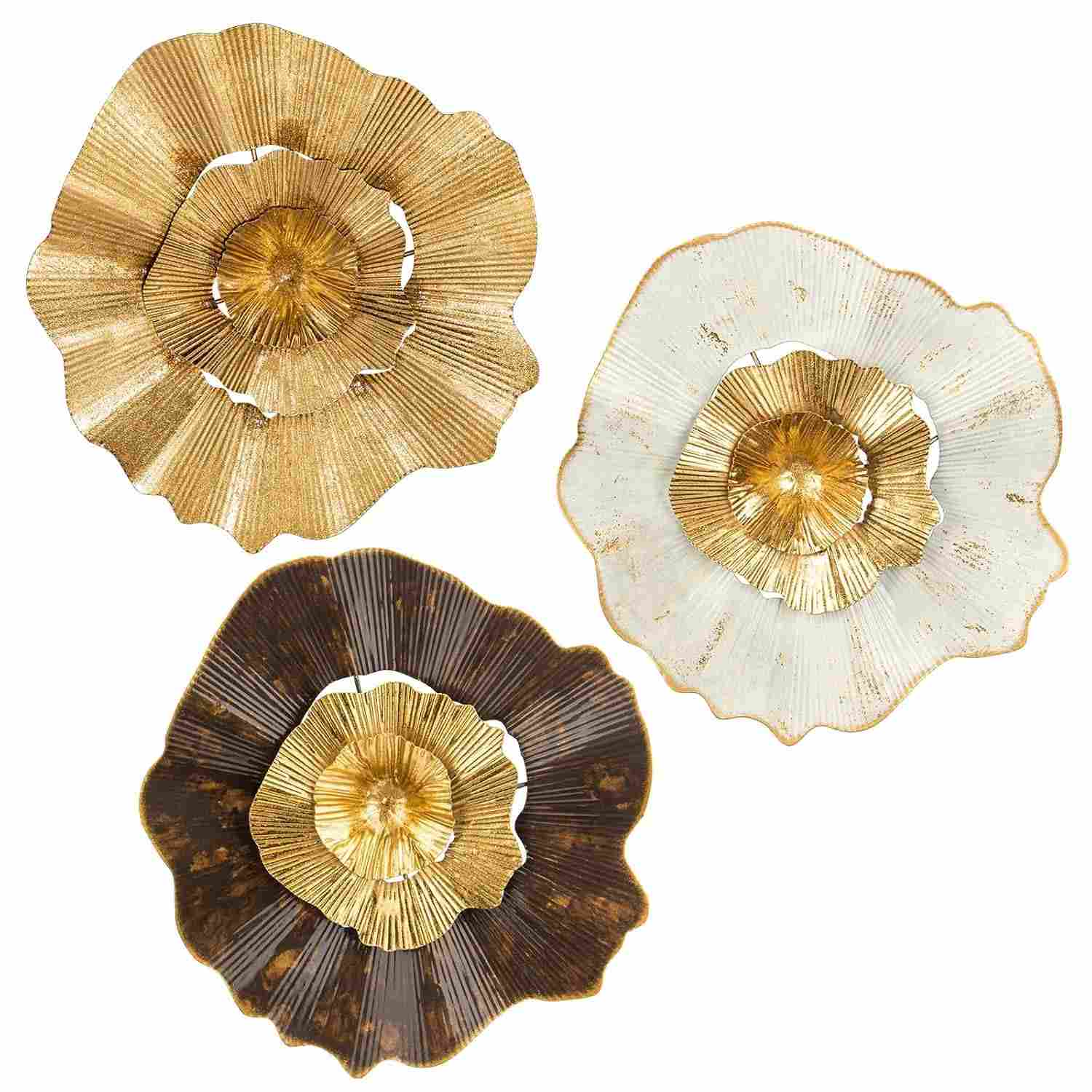 Briful Decoração de Parede Dourada Moderna - 3 Placas de Flores em Metal para Casa e Escritório
