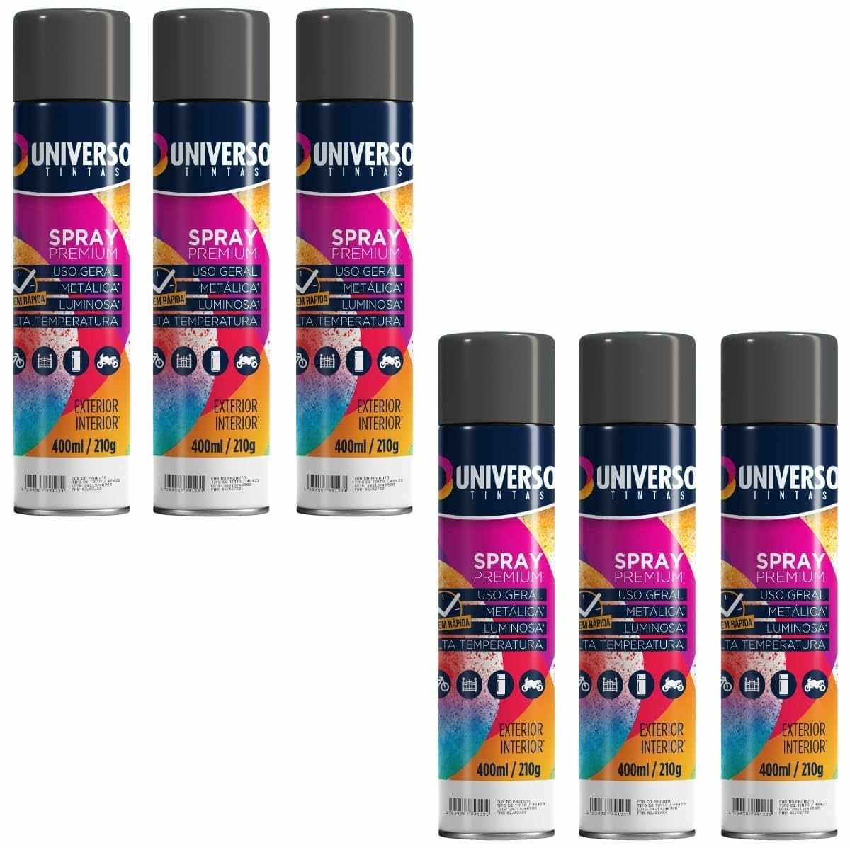 Tinta Spray 400ml Preto Brilhante Uso Geral em Aço Ferro Couro Gesso Cerâmica | Universo | Kit 06 un