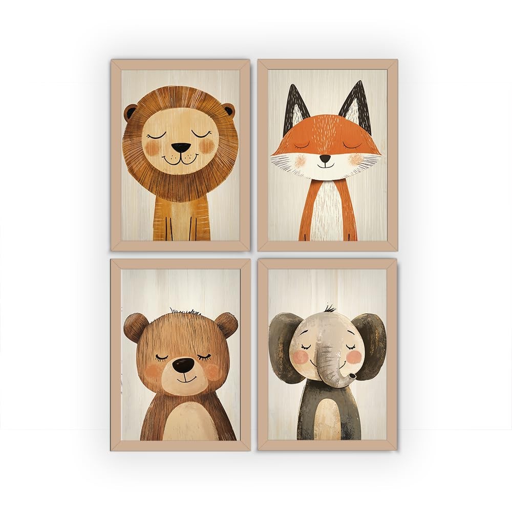 Kit 4 Quadros para Quarto de Bebê - Animais Fofos em Madeira Premium | Leão, Elefante, Urso e Raposa
