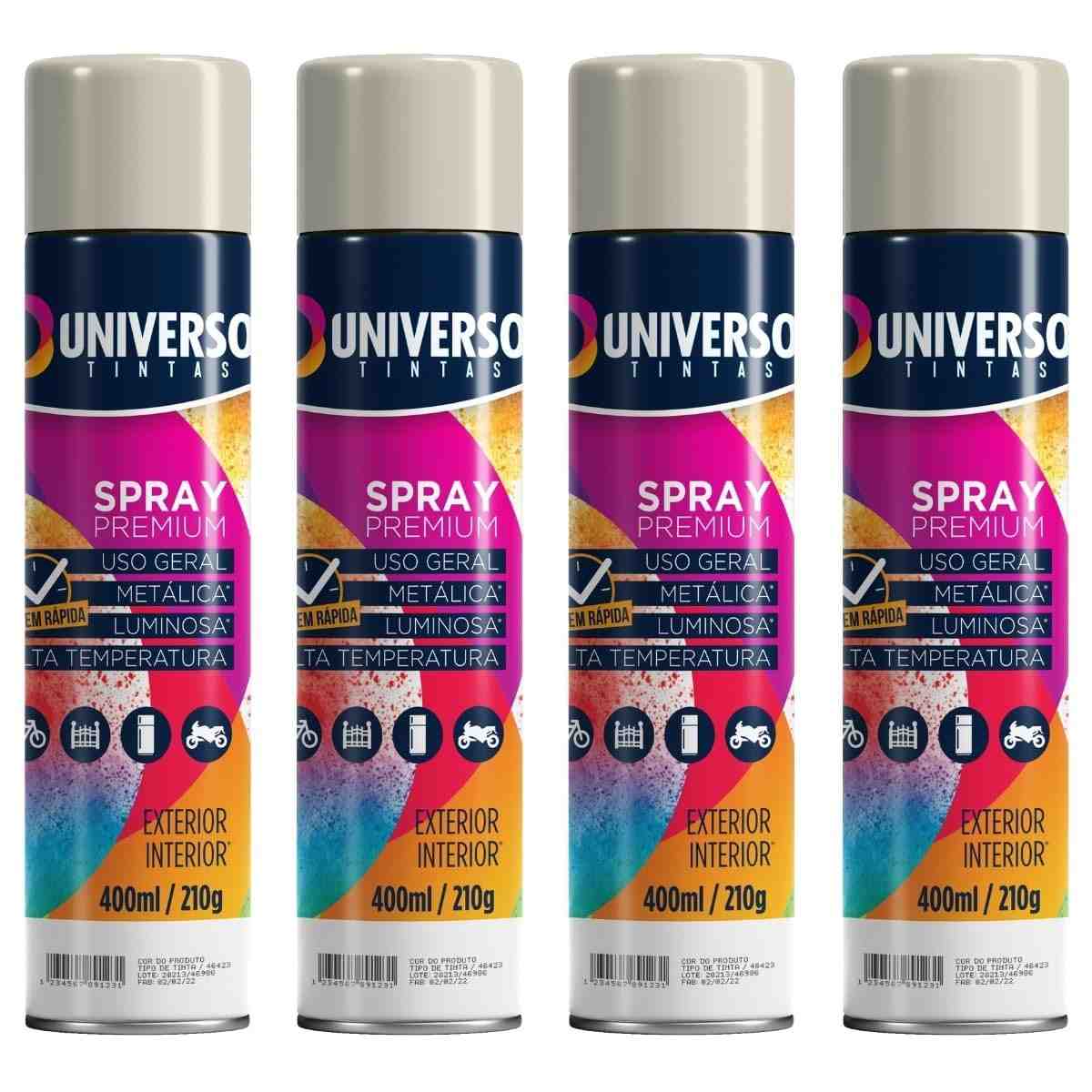 Tinta Spray 400ml Branco Brilhante Uso Geral em Aço Ferro Couro Gesso Cerâmica | Universo | Kit 04 un