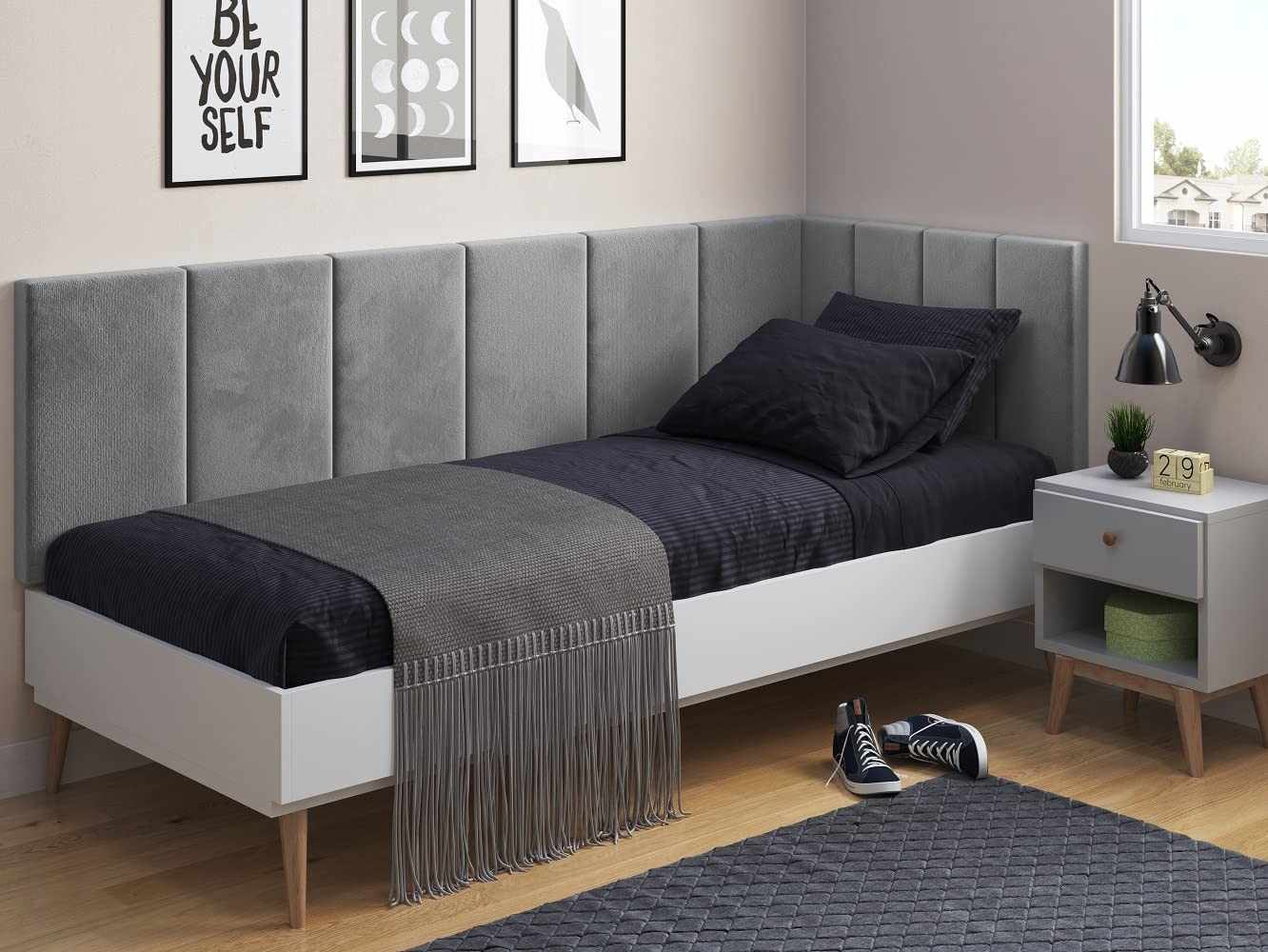Cabeceira em L para Cama Solteiro com Estofado Suede Cinza - Design Moderno e Proteção Lateral