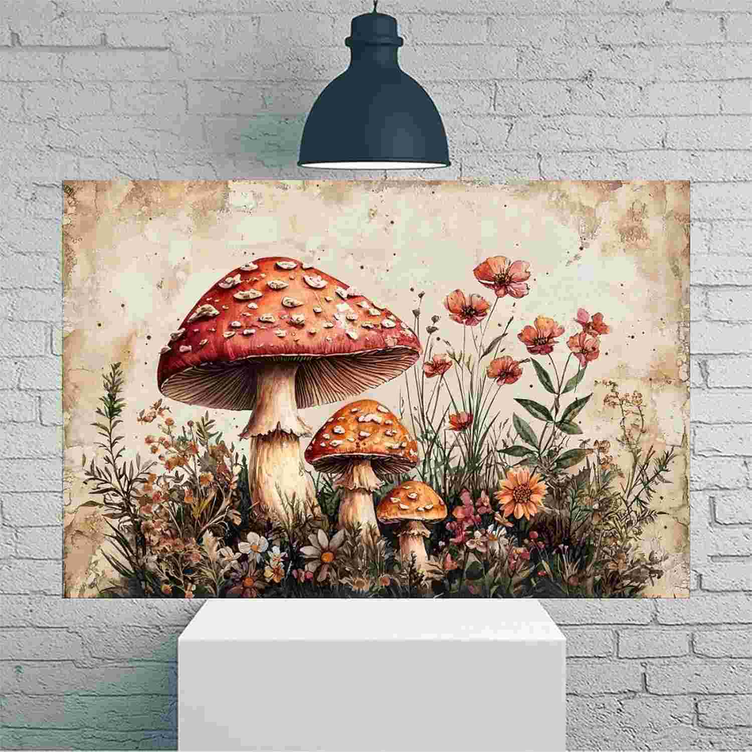 Pintura em Aquarela de Flores e Cogumelos - Arte de Parede em Tela Rústica Vintage 30x45cm