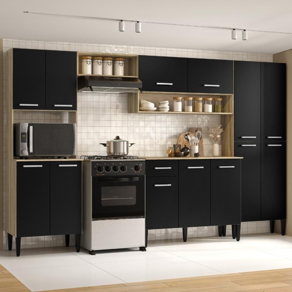 Cozinha Completa Arizona Plus com Armário e Balcão Carraro - Design Moderno em Carvalho/Preto