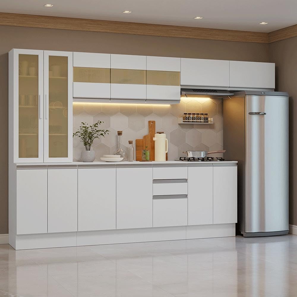 Armário de Cozinha Smart 300cm em MDF Branco com Vidros Reflex - Madesa