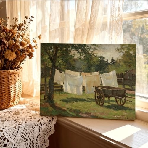 Arte de Parede em Tela Lavanderia - Pintura a Óleo Rústica para Decoração de Casa de Campo