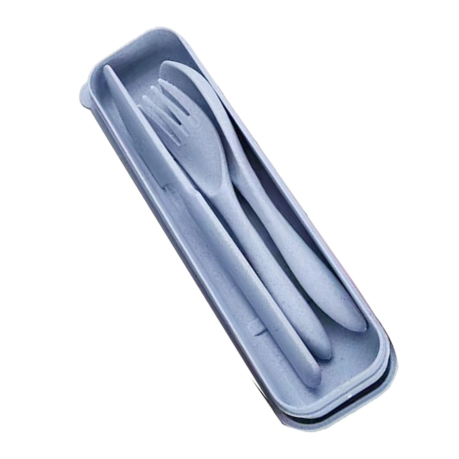 Conjunto de Talheres Portáteis em Palha de Trigo Reutilizáveis com Estojo - Ideal para Viagem, Piquenique e Acampamento (Azul)
