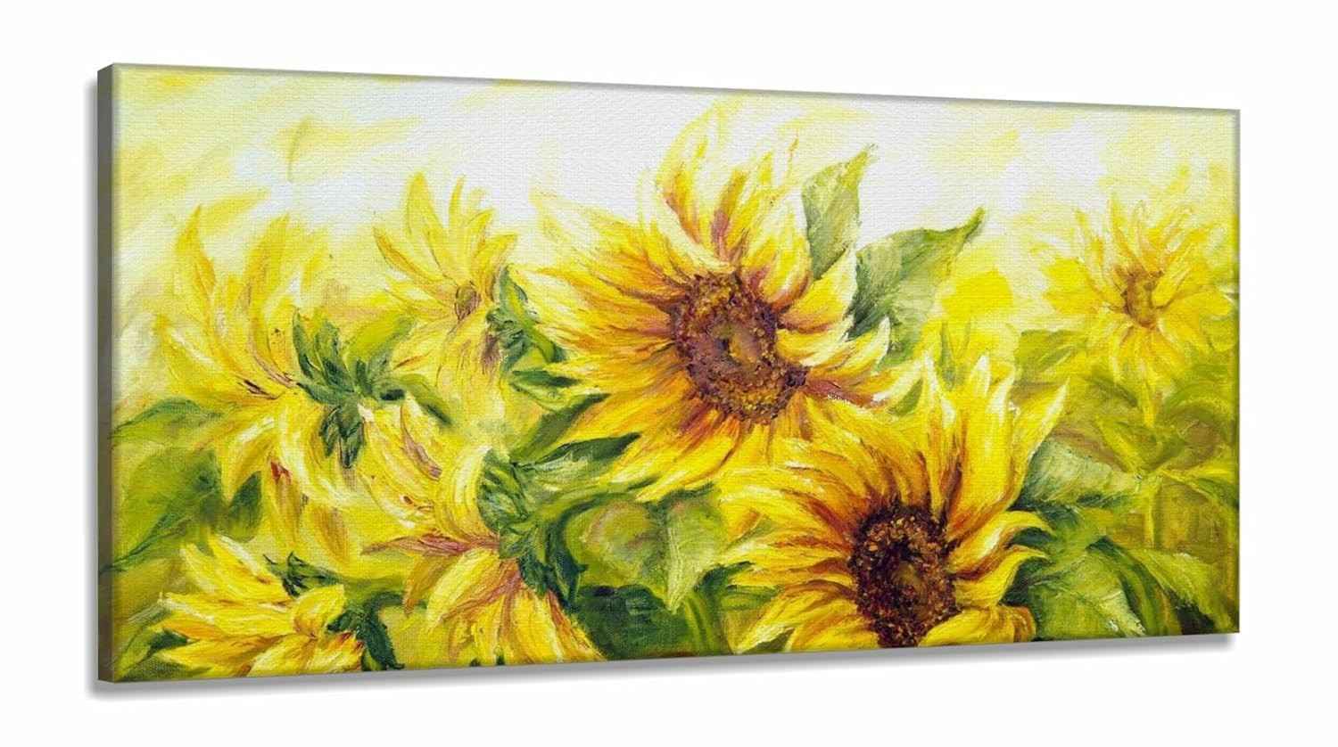 Quadro Decorativo Pintura Dois Girassóis em Canvas 130x60cm - Arte em Tela com Moldura de Madeira