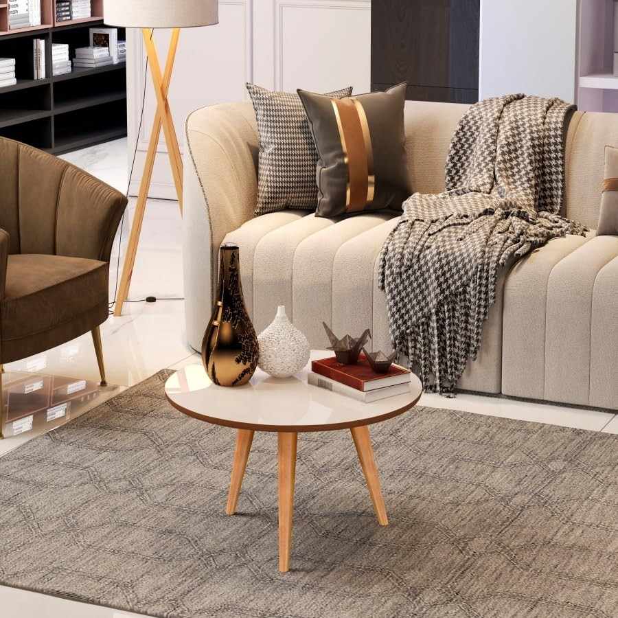 Mesa de Centro Dubai - Design Redondo Tripé com Pés Palito em Madeira