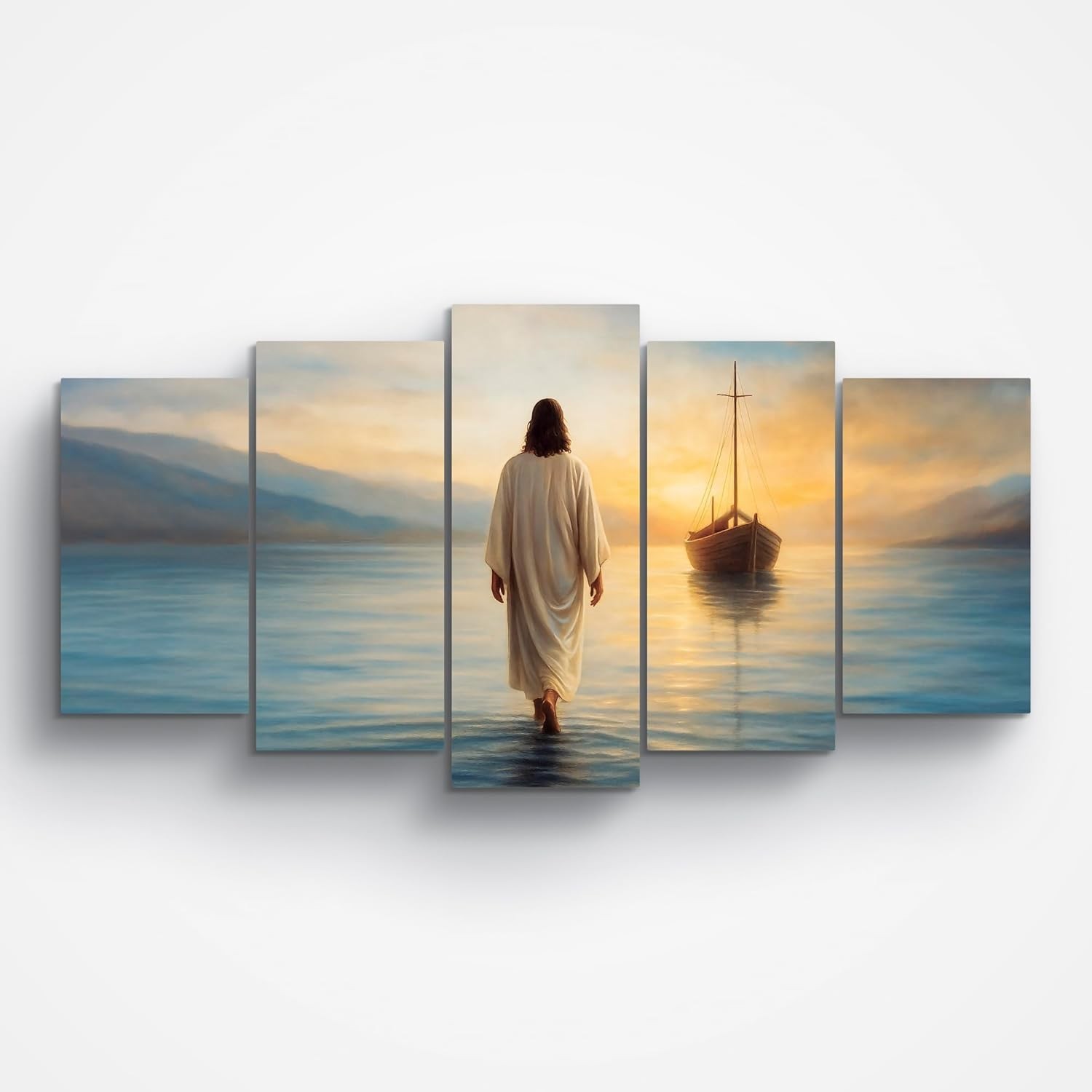 Quadro Jesus Cristo Andando Nas Águas - Painel 5 Peças em MDF 130x60cm | Decoração Religiosa Inspiradora