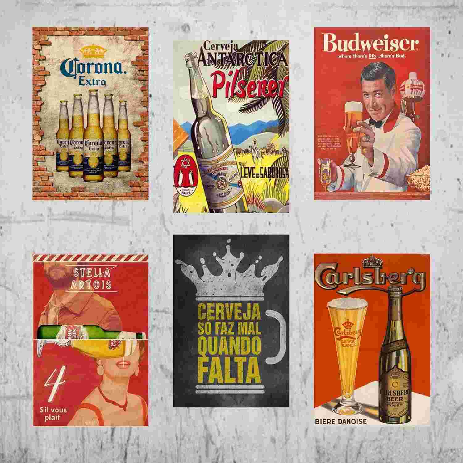 Kit com 6 Placas Decorativas Temática Cerveja – Design Retrô em MDF 3mm 20x30cm para Ambientes de Bar e Cozinha