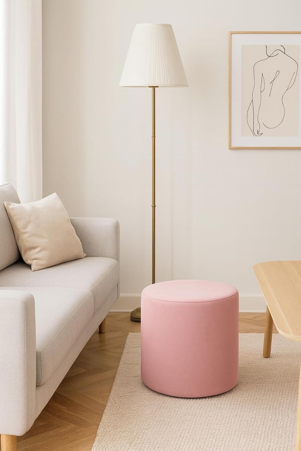 Puff Decorativo Redondo em Suede Rosa - Versátil Banqueta Estofada para Sala e Quarto