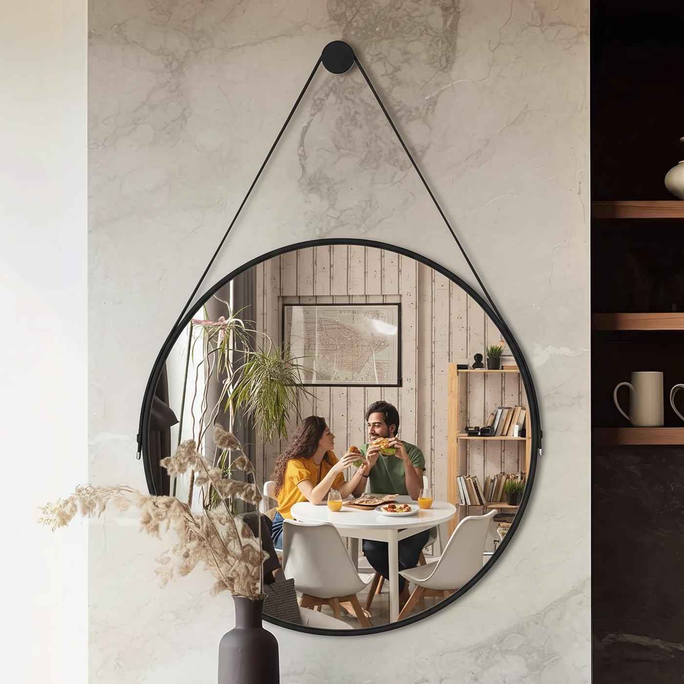Espelho Redondo Adnet 60cm Preto - Design Escandinavo com Suporte em Alumínio para Sala, Quarto e Banheiro
