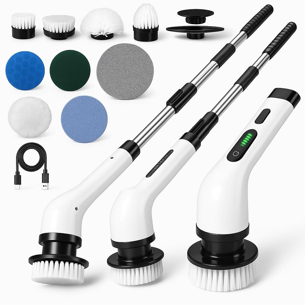 Esfregão Elétrico 9 em 1 com Rotação 360° – Escova Recarregável Sem Fio com Cabo Ajustável e 9 Cabeças para Limpeza Completa
