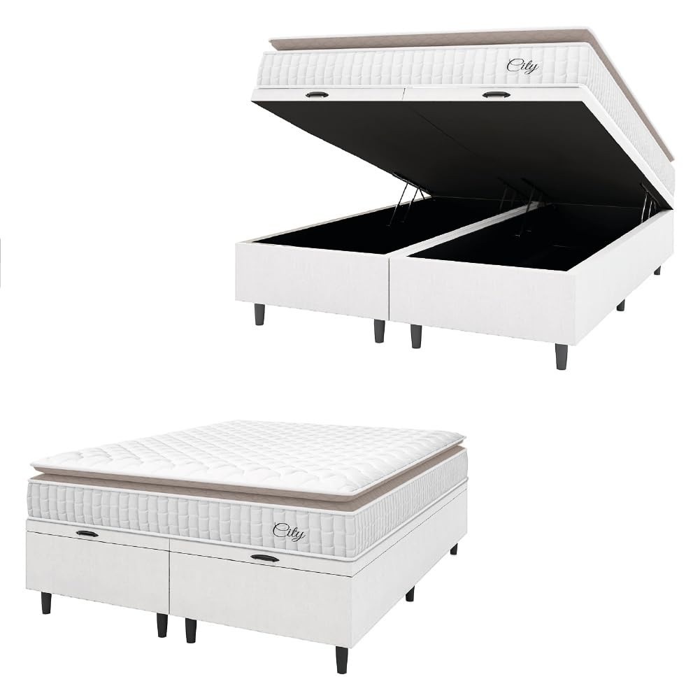 Cama Box Colchão Baú Casal Queen com Pillow Top e Molas Ensacadas - Conforto e Estilo em Linho Bege
