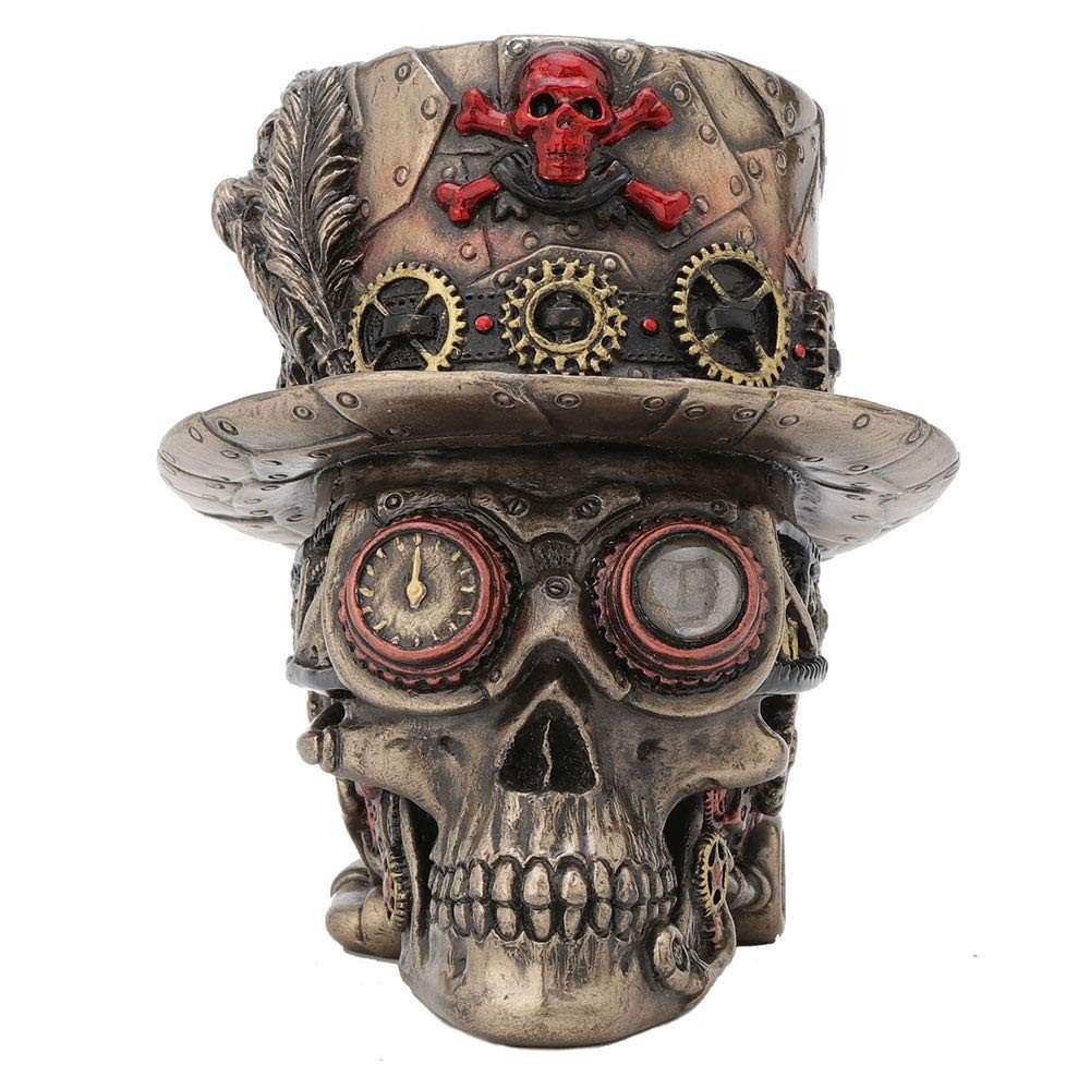 Estatueta Steampunk 4,5" Veronese Design - Ossos Cruzados e Caveira Motora em Bronze Antigo
