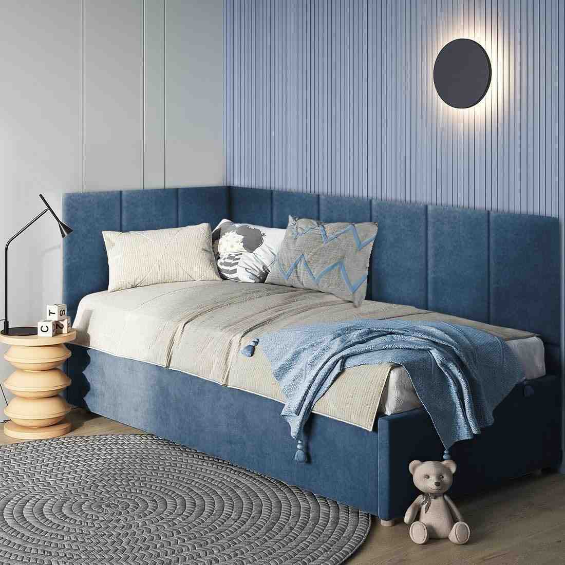Cabeceira Estofada em L para Canto Alemão | Painel 3,00m x 40cm com Fita Adesiva | Decore seu Quarto com Estilo e Conforto (Azul)
