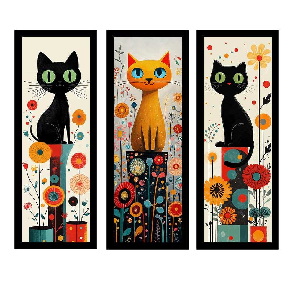 Kit 3 Quadros 18x45 cm - Decoração Moderna com Tema Gatos e Flores em Preto