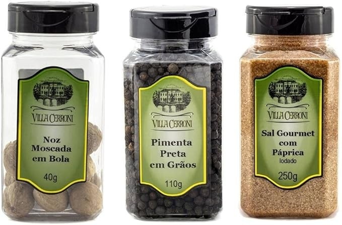Noz Moscada em Bola, Pimenta Preta em Grãos, Sal Gourmet com Páprica