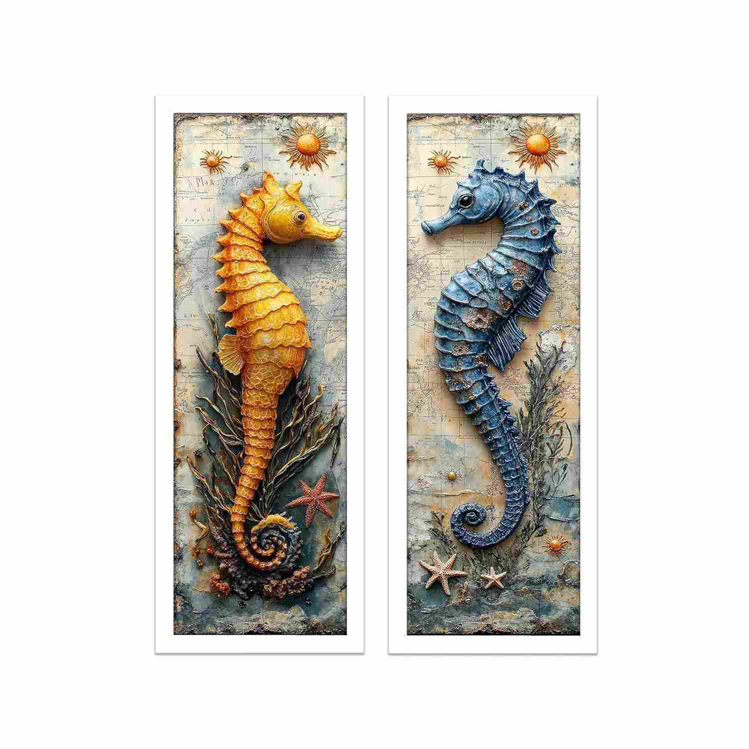Kit 2 Quadros 18x45 cm Mar, Praia e Sol com Cavalo Marinho - Decoração Moderna em Vidro