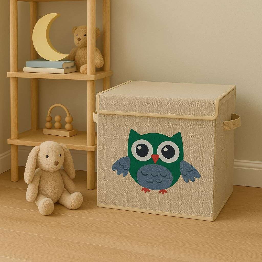 Caixa Organizadora Infantil com Tampa em Linho - Design Coruja e Animais | Baú Decorativo para Brinquedos