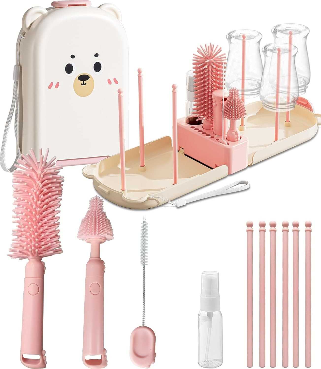 Kit de Limpeza de Mamadeira Rosa 6 em 1 - Escova Portátil com Prateleira de Secagem e Estojo para Viagem