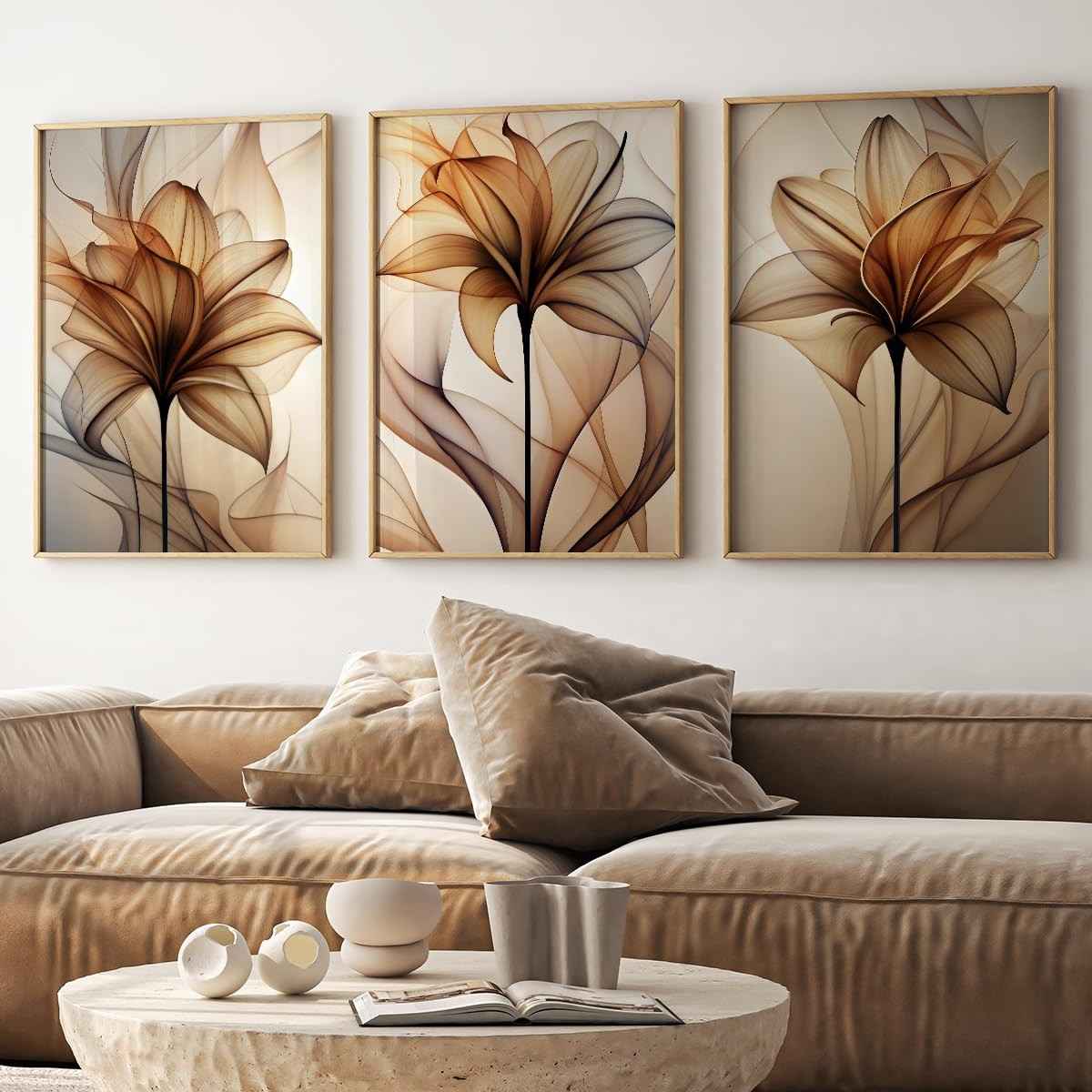 Quadro Decorativo Floral Abstrato em Aquarela - Elegância Moderna para Ambientes Sofisticados (Conjunto de 3, 50x75cm, Moldura Preta)