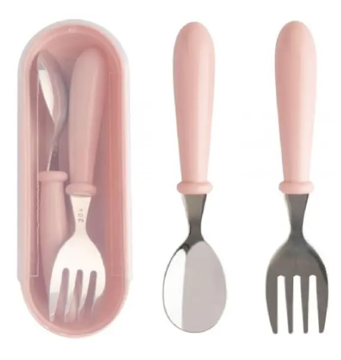 Kit Talheres Infantil Papinha em Aço Inox com Estojo - Colher e Garfo Ergonômicos para Bebês