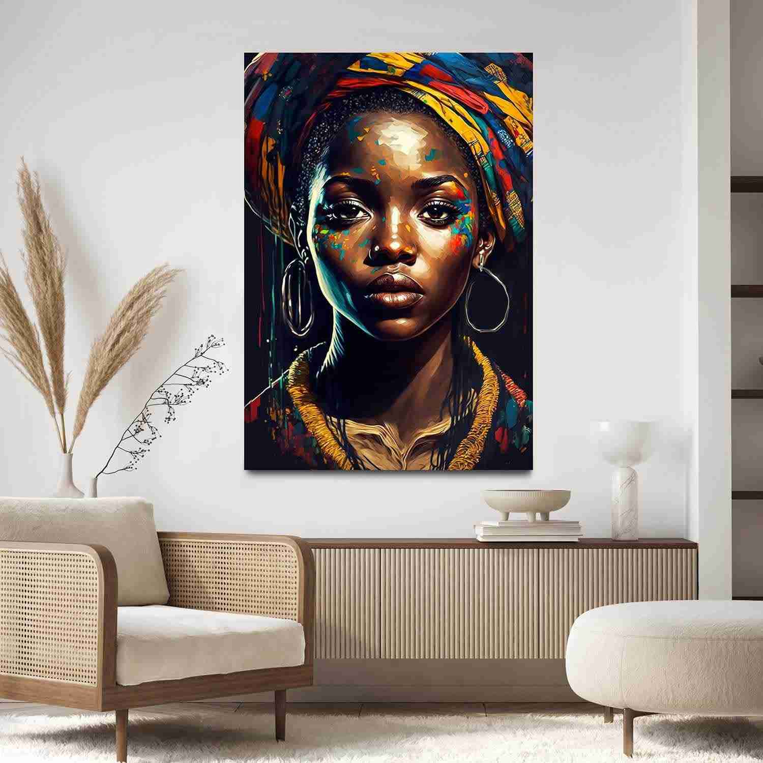 Quadro Decorativo Mulher Africana 130x90cm - Ilustração Moderna em Tecido para Sala e Quarto