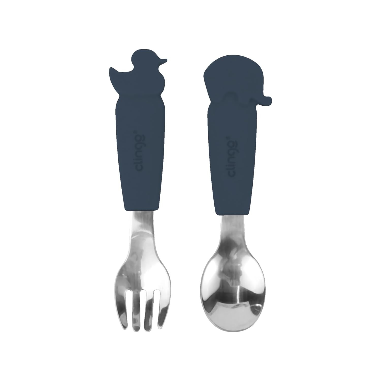 CLINGO Kit Garfo e Colher para Bebê em Metal e Silicone Azul - Seguro, Antimicrobiano e Fácil de Limpar