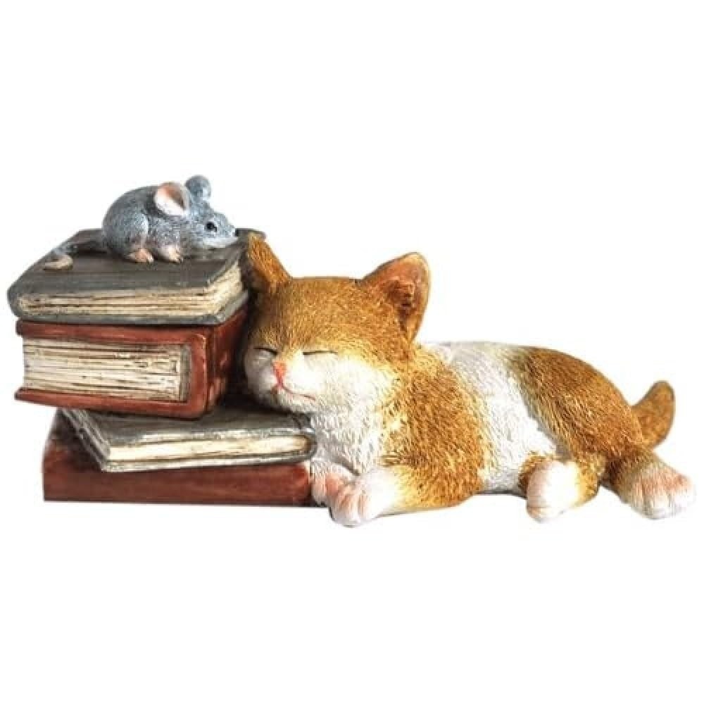 Top Collection Enchanted Story Garden - Gatinho Cochilando em Livros | Decoração Encantadora para Casa e Jardim