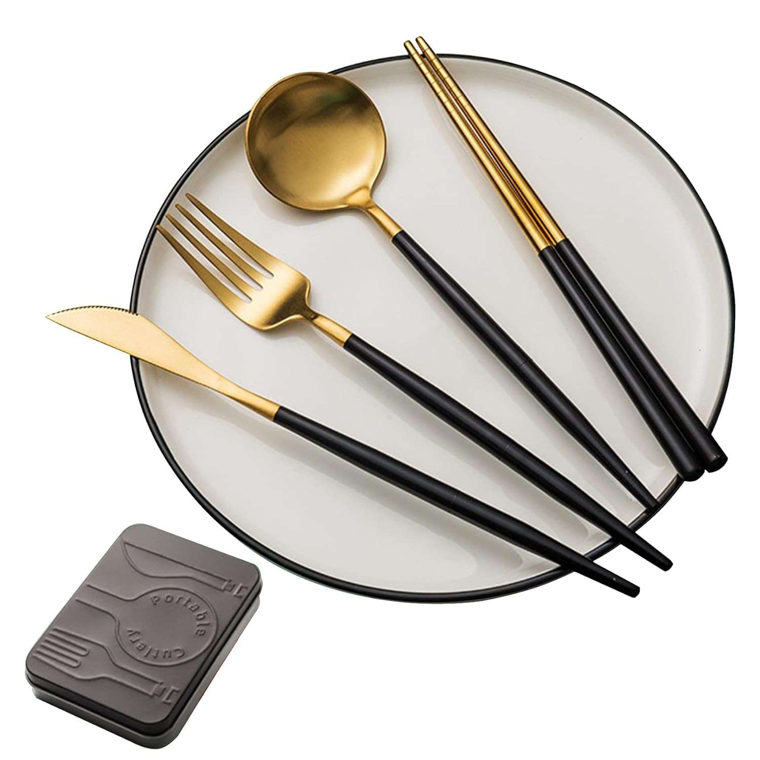 Conjunto de Utensílios Portáteis em Aço Inoxidável 304 – 4 Peças Reutilizáveis com Estojo para Viagem e Piquenique