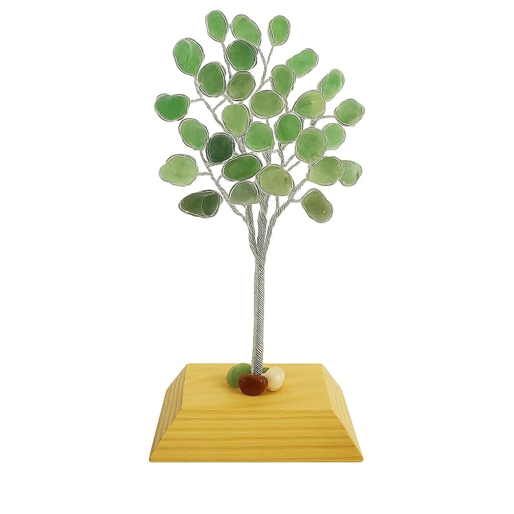 Árvore de Quartzo Verde Natural com Base em Madeira – Energia, Decoração e Espiritualidade