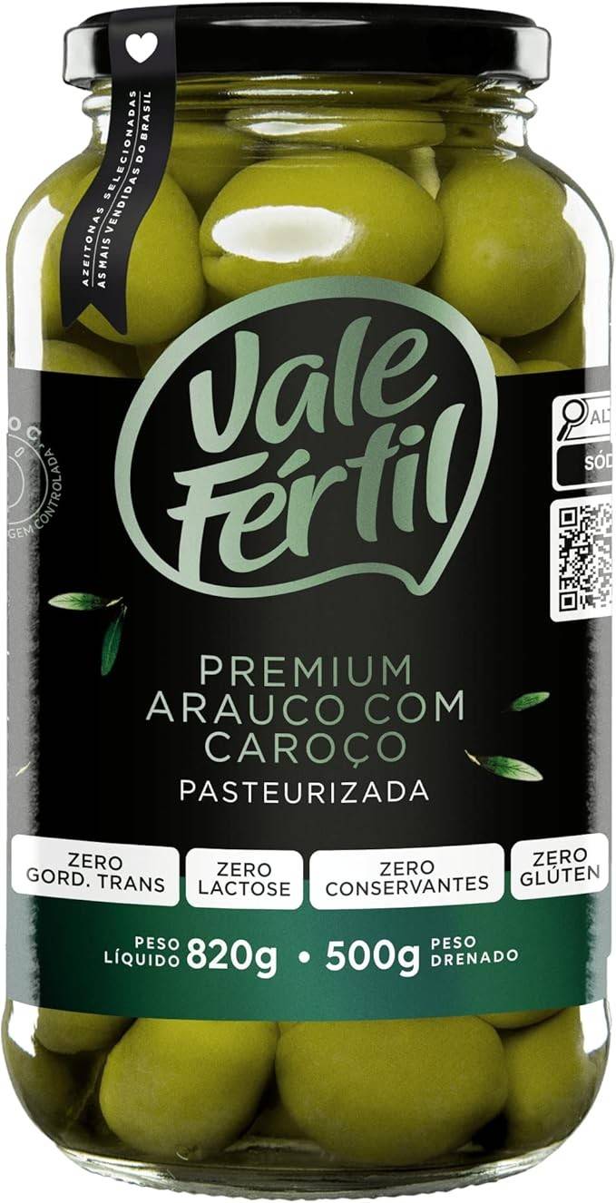 Vale Fértil Azeitona Verde Arauco Em Conserva Com Caroço Premium Vidro 500G Pequeno