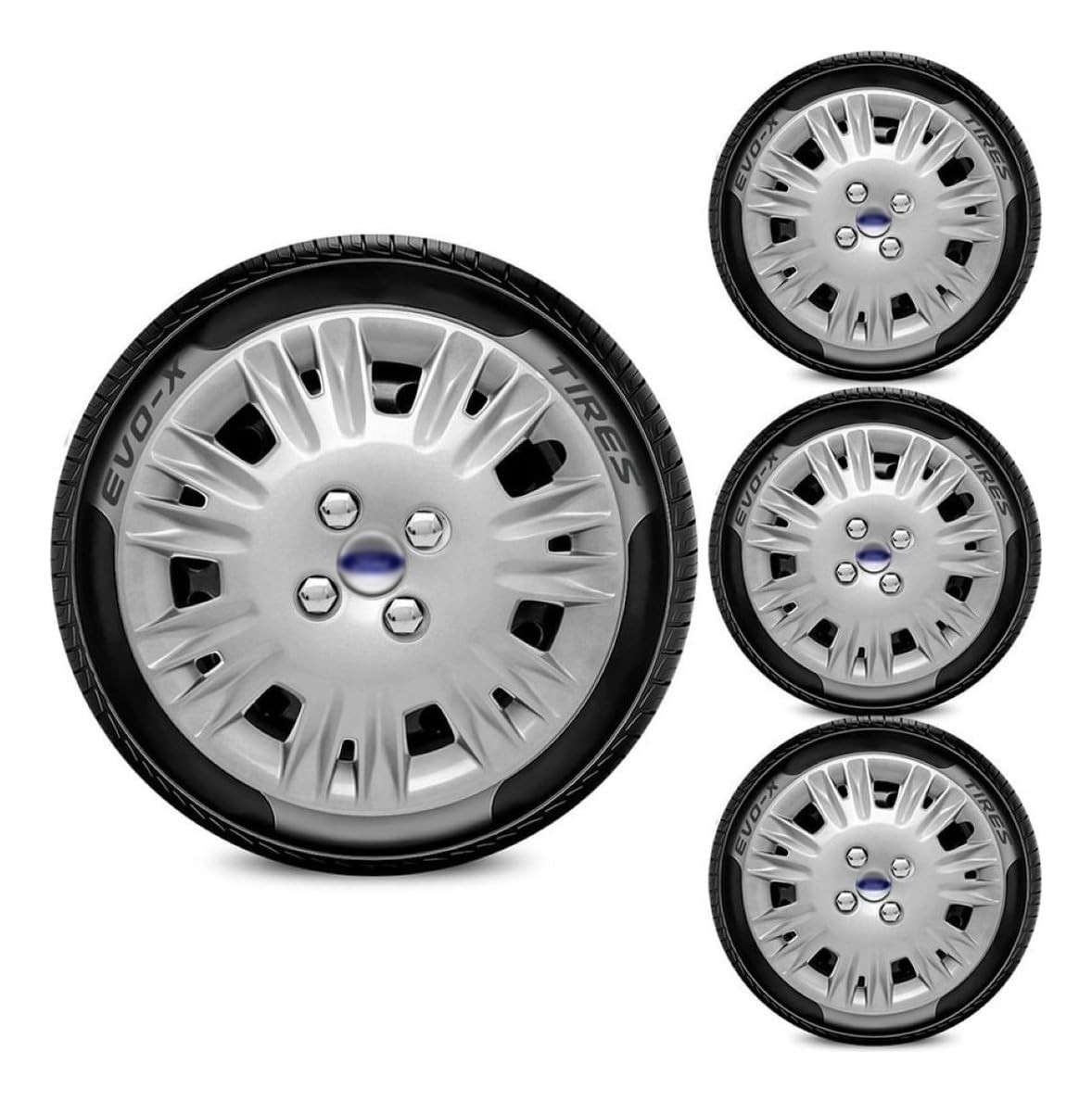 Jogo de Calotas Aro 15 New Fiesta Hatch Sedan 2014-2019 + Emblemas Prata