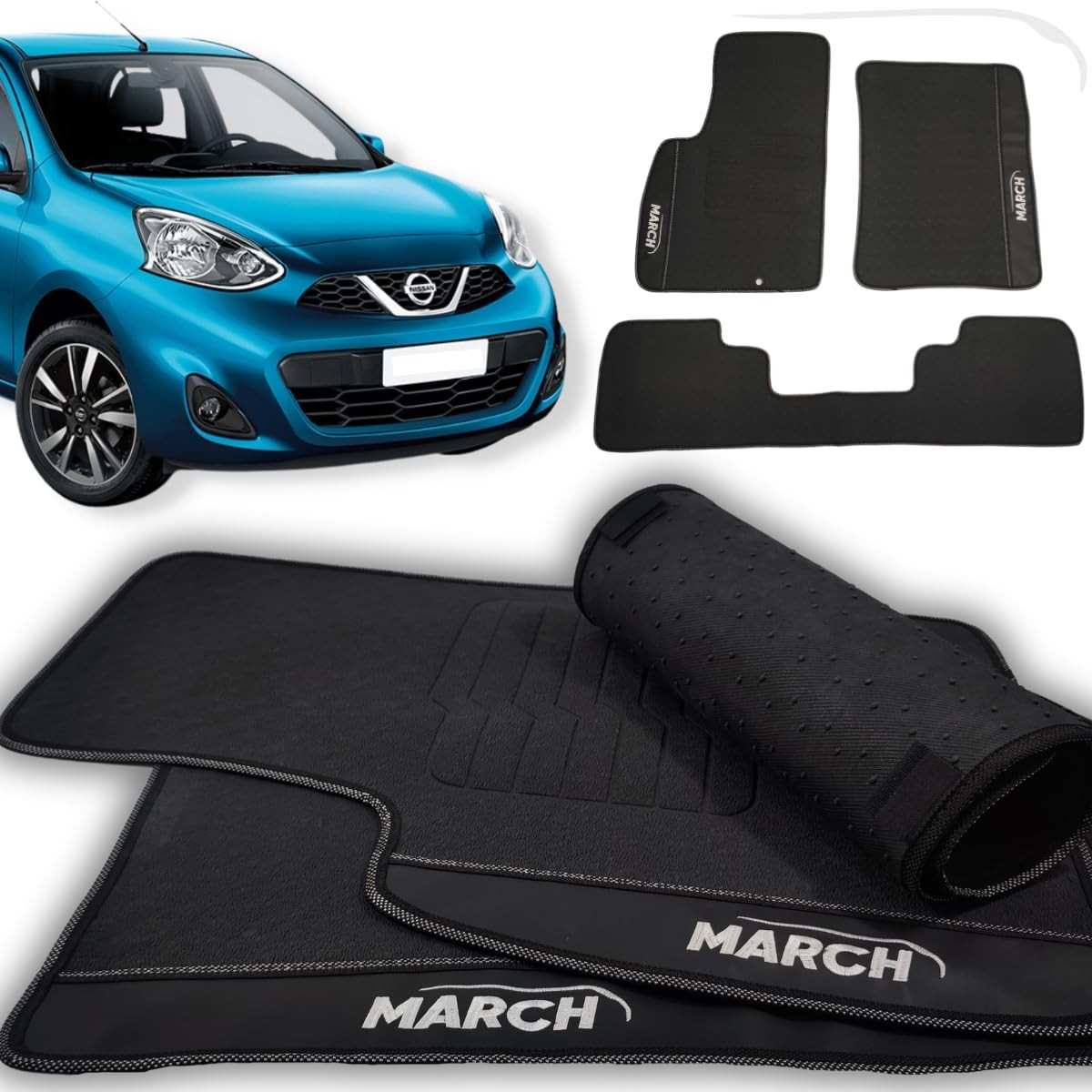 Jogo de Tapetes Automotivos Emborrachados Premium para Nissan March (2011-2015) - 3 Peças