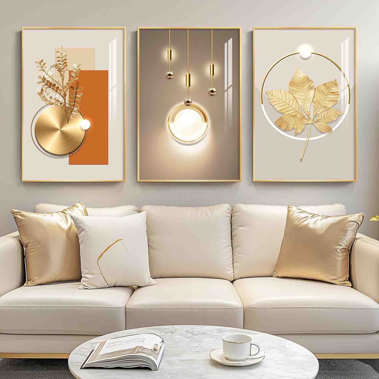 Arte de Parede Dourada Moderna emoldurada - Conjunto de 3 Peças de Luxo para Sala de Estar