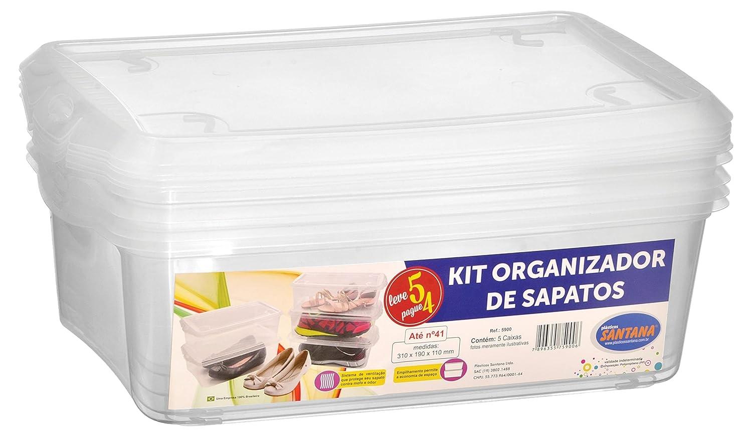 Kit 5 Caixas Organizadoras para Sapatos com Ventilação - Transparente e Empilhável