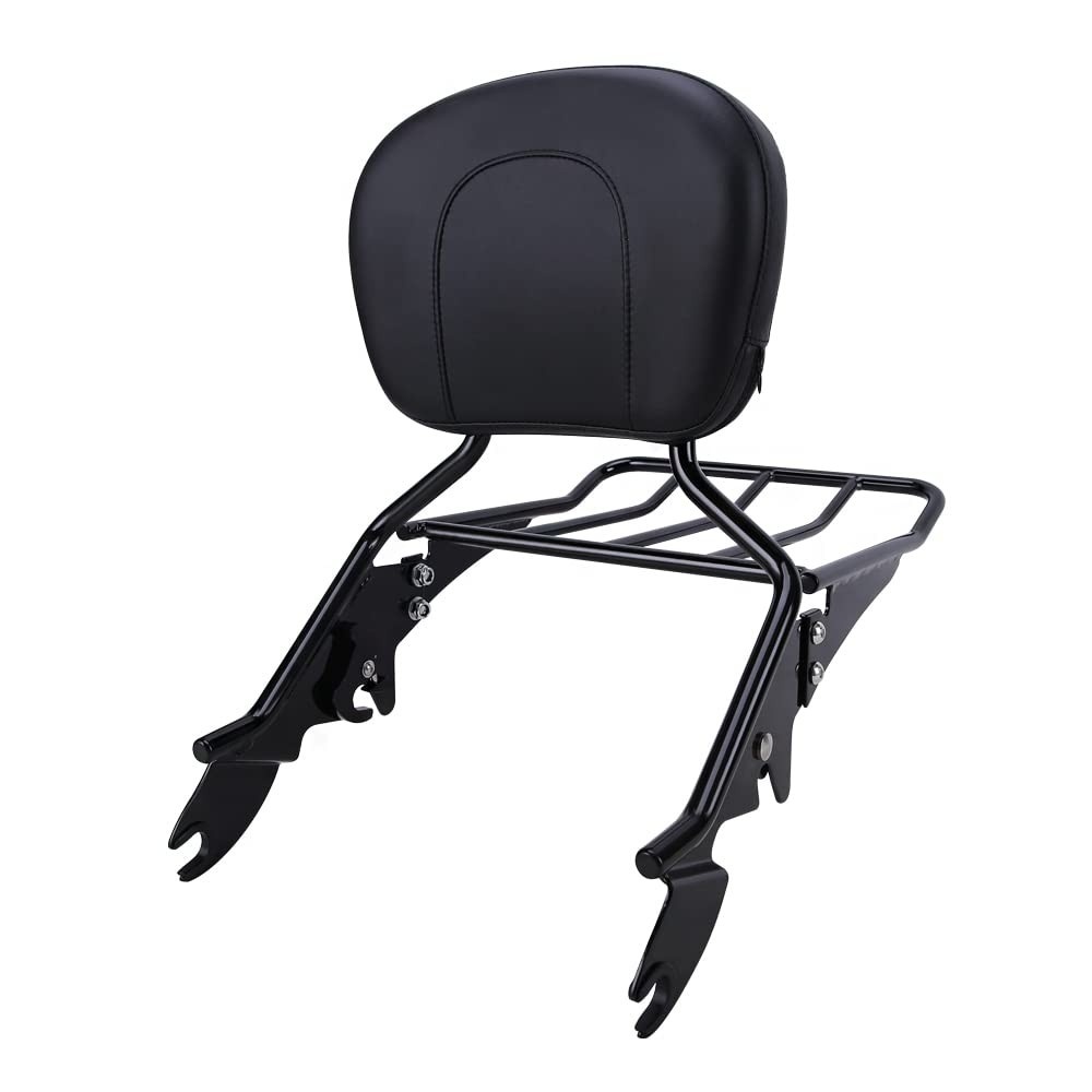 Almofada Encosto Passageiro Sissy Bar Removível Preta com Bagageiro para Harley Touring 2009-2023
