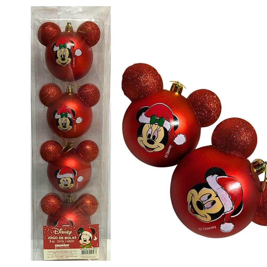 Enfeites Natalinos Mickey e Minnie: Kit 4 Bolas Grandes
