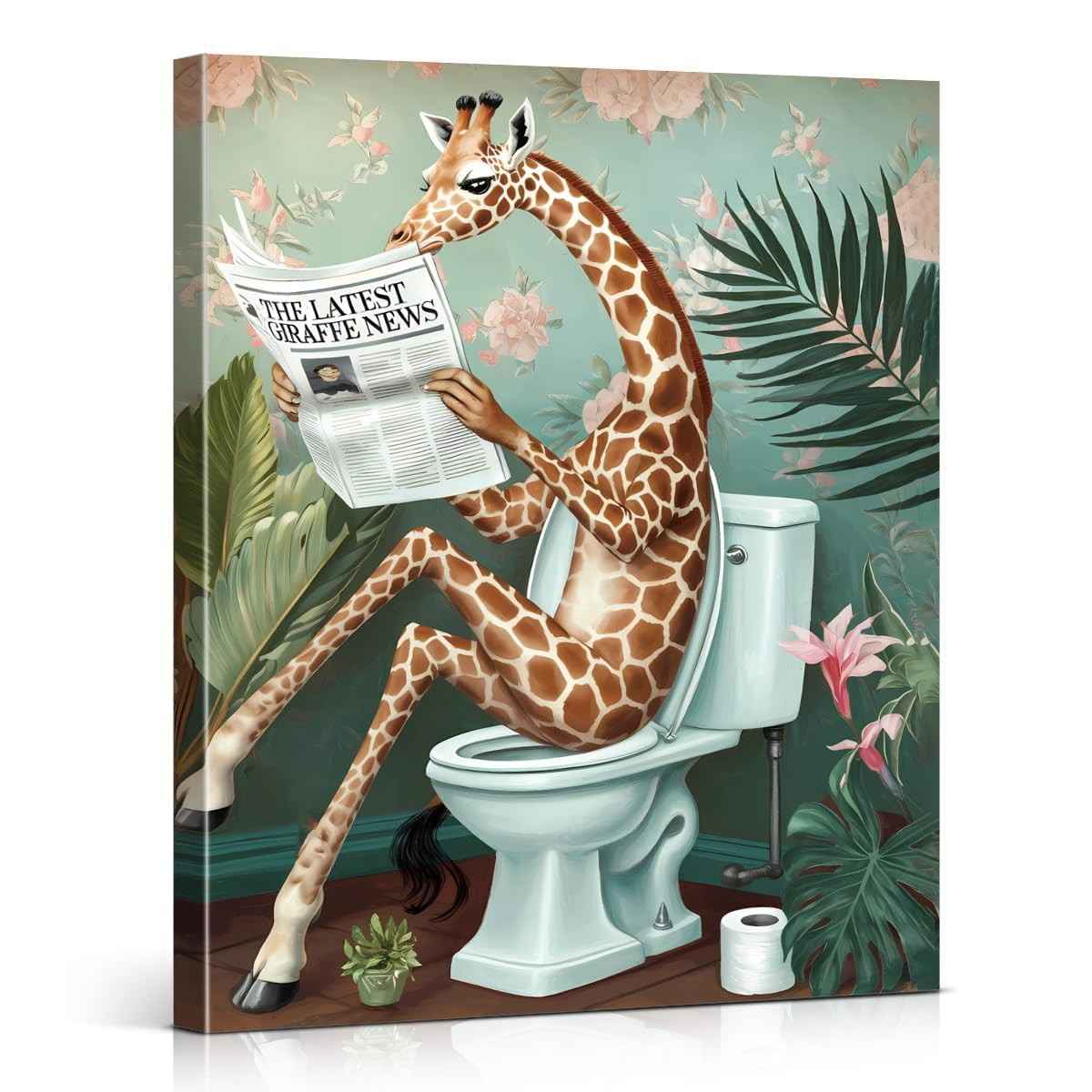 Arte Engraçada de Parede Banheiro Girafa Lendo Jornal - 20x25cm - Decoração Divertida e Criativa