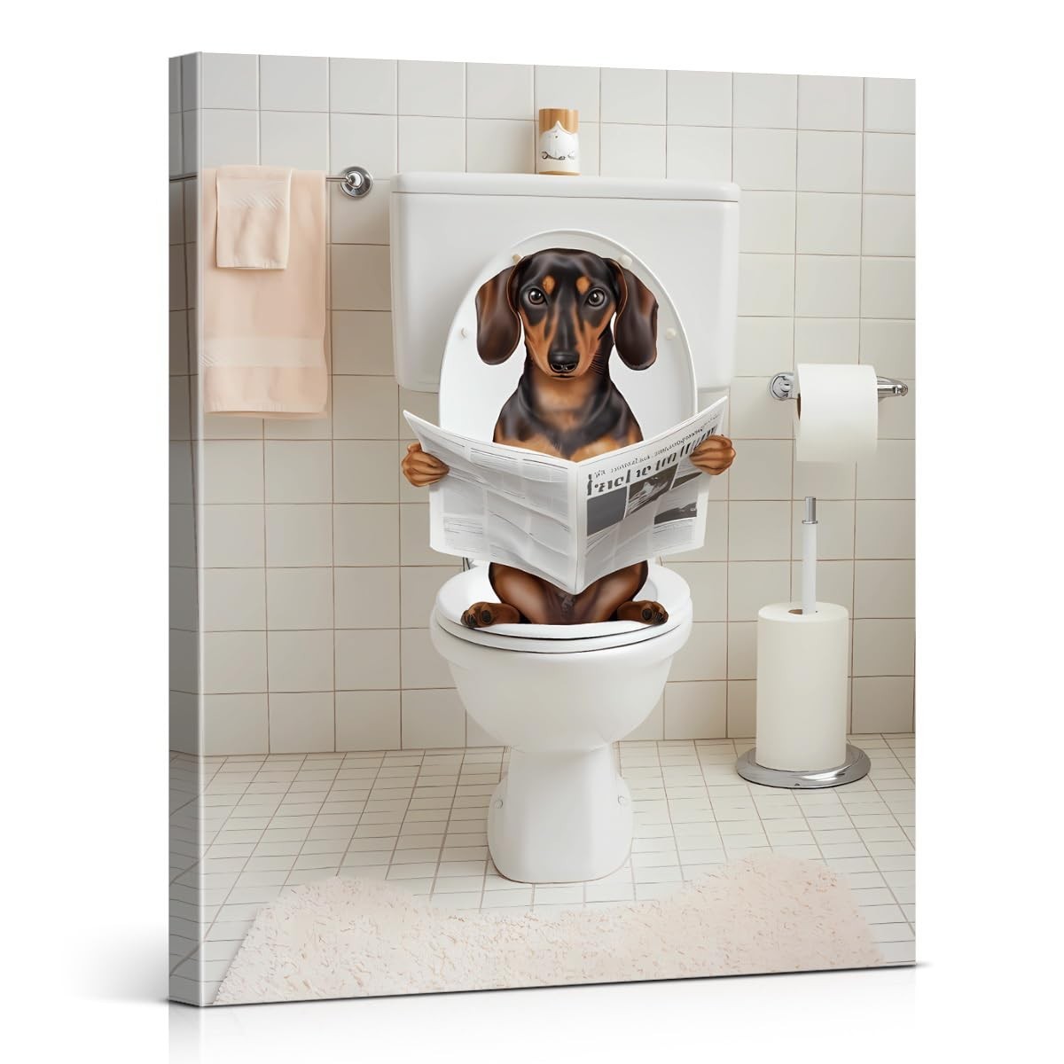 Pôster Engraçado de Dachshund Lendo Jornal no Vaso - Arte de Banheiro 20x25cm