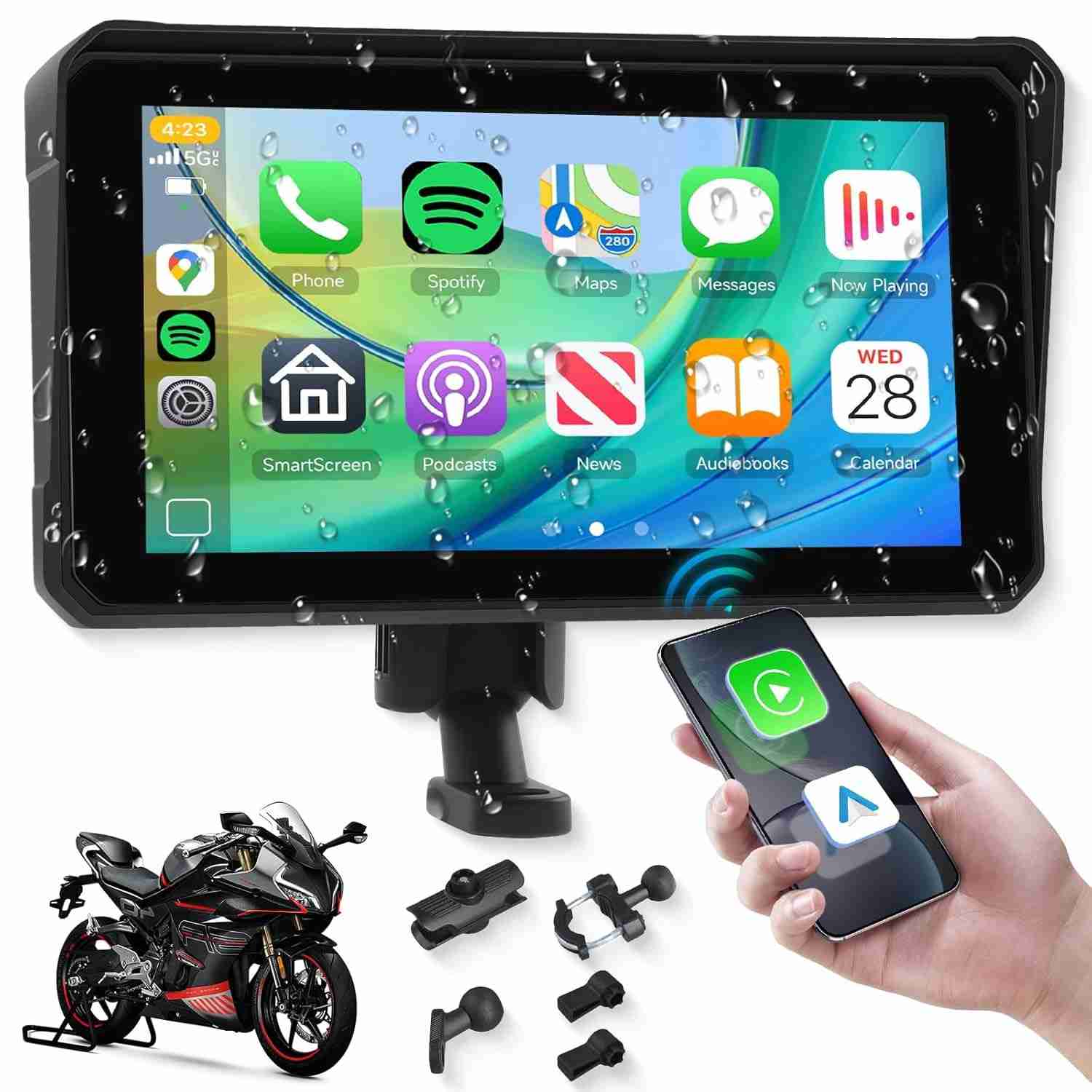 Tela CarPlay 6" Moto Sem Fio | Android Auto, IP68, Bluetooth 5.0 - Navegação e Entretenimento na Estrada